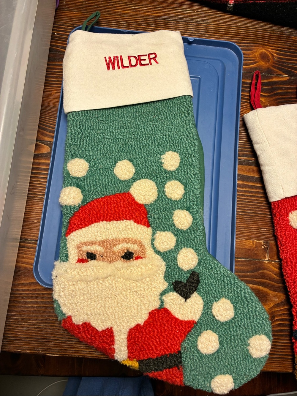 Pottery Barn Kids hook and loop Green and White Holiday Stocking with Santa